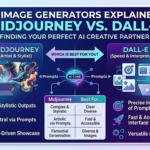 A detailed infographic comparing Midjourney and DALL-E AI image generators, showing a creative workflow, key features like artistic control and speed, and branding for BitWise Reviews.