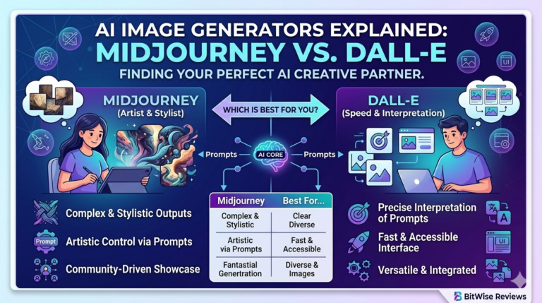 A detailed infographic comparing Midjourney and DALL-E AI image generators, showing a creative workflow, key features like artistic control and speed, and branding for BitWise Reviews.