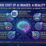 Illustrative style photo of an anxious woman using complex text prompts on a laptop to generate a unique character on an AI image generator.