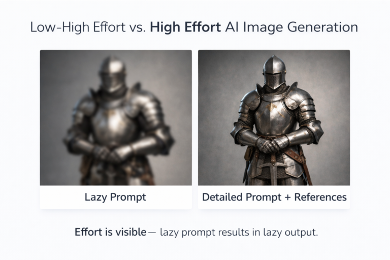 Lazy prompt vs detailed prompt with references comparison in ai generated art showing low effort vs high effort ai generated images