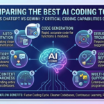 An infographic comparing 7 capabilities of AI coding tools Claude, ChatGPT, and Gemini: Code Generation, Debugging, Code Refactoring, Multi-Language Support, Context Awareness, Explanatory Walkthroughs, and Auto-Documentation