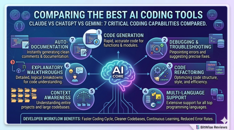 An infographic comparing 7 capabilities of AI coding tools Claude, ChatGPT, and Gemini: Code Generation, Debugging, Code Refactoring, Multi-Language Support, Context Awareness, Explanatory Walkthroughs, and Auto-Documentation