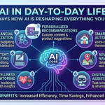 An infographic illustrating seven key ways that artificial intelligence (AI) is reshaping daily life, connecting a central "AI Core" brain to categories like personalized recommendations, smart home automation, advanced navigation, digital assistants, health tracking, content writing, and financial optimization, with a summary of daily benefits for efficiency, time savings, and convenience