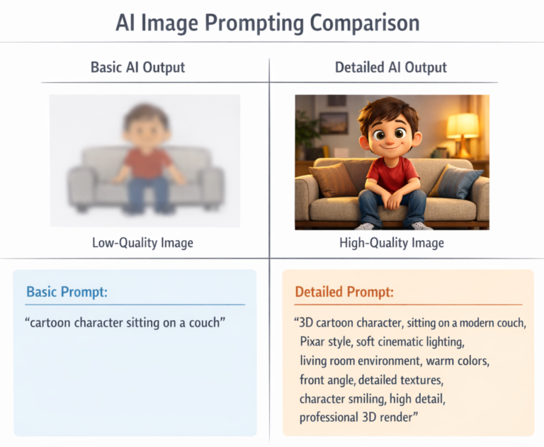 Basic vs detailed prompt comparison for ai generated images showing low quality ai art and high quality ai generated art from structured prompting