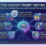 Infographic titled 'EFFECTIVE CHATGPT PROMPT WRITING GUIDE' featuring a central glowing AI brain connected to seven numbered steps for creating better prompts. The steps include clarifying goals, context, personas, examples, structure, iteration, and constraints. A footer lists workflow benefits, and the BitWise Reviews logo is visible.