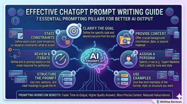 Infographic titled 'EFFECTIVE CHATGPT PROMPT WRITING GUIDE' featuring a central glowing AI brain connected to seven numbered steps for creating better prompts. The steps include clarifying goals, context, personas, examples, structure, iteration, and constraints. A footer lists workflow benefits, and the BitWise Reviews logo is visible.