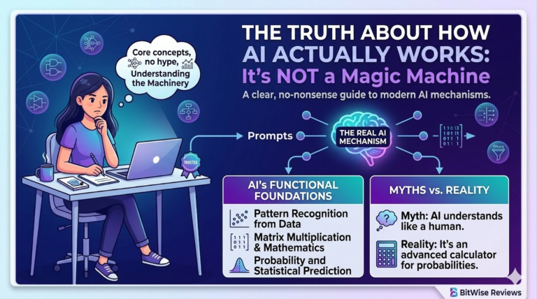 Infographic titled 'The Truth About How AI Actually Works' showing a woman at a desk studying AI mechanisms. Features sections on AI's functional foundations like pattern recognition and matrix multiplication, and debunks the myth of AI having human-like understanding.