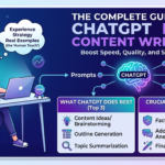 Infographic titled 'The Complete Guide to ChatGPT for Content Writing' showing a writer collaborating with AI, emphasizing E-E-A-T principles, human touch, and content strategy for BitWise Reviews.