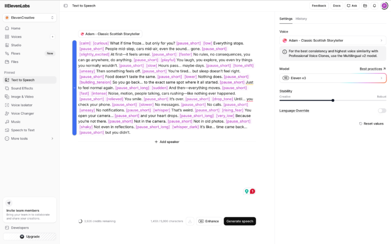 ElevenLabs dashboard showing a script with emotional tags like [whisper] and stability sliders set for creative character voice modulation.