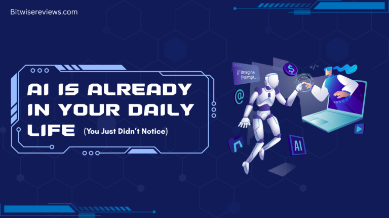 Artificial intelligence in daily life showing AI robot interacting with human through smart technology and digital devices