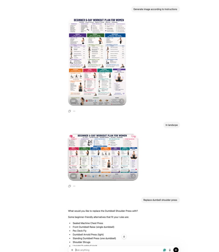 Screenshot of an AI chatbot generating incorrect workout plan recommendations even after multiple correction prompts from the user